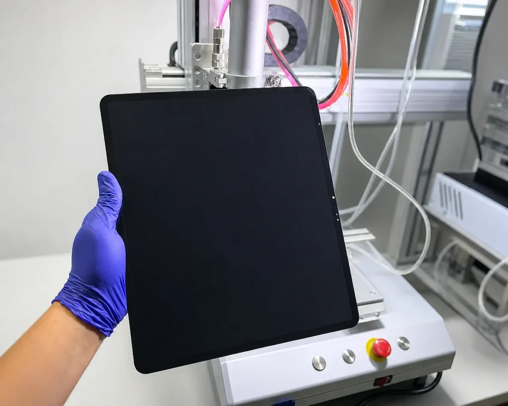 iPad po naprawie w rękawiczkach serwisanta
