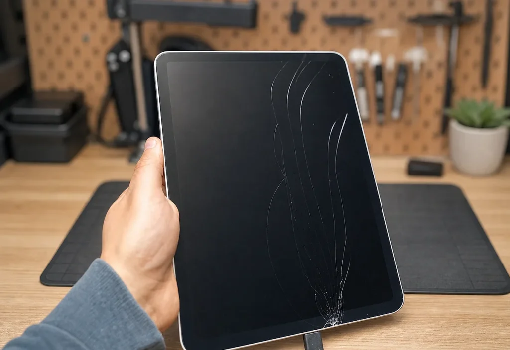 iPad z pękniętą szybą - przed naprawą
